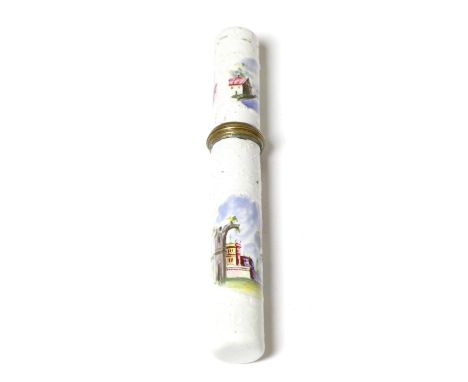 A Staffordshire enamel bodkin case, circa 1760, painted with classical buildings in panels, Bianco Sopra Bianco ground, 12cm 