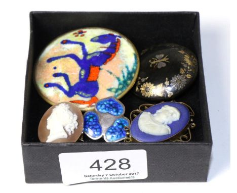 Arts & Crafts silver and enamel brooch, maker's mark indistinct, Birmingham 1909; and pique work brooch; small cameo brooch; 