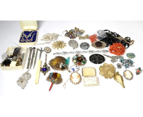 Costume jewellery, including two silver ingot pendants, various brooches, rings, two French jet glass bead necklaces, a gilt 