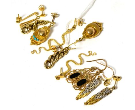 A pair of snake earrings and five other pairs of earrings Snake earrings - 3.37g gross, stamped '18CT'. Curb link earrings ha