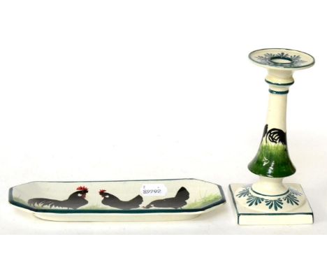 Wemyss pottery cockerel decorated candlestick and similar tray (2)
