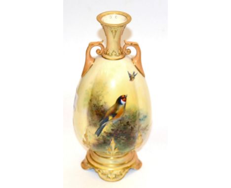 Royal Worcester twin handled vase, painted with a song bird, signed E Barker 