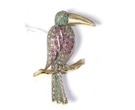 A diamond, ruby and emerald set toucan brooch, total estimated diamond weight 0.20 carat approximately, measures 5.5cm by 3cm