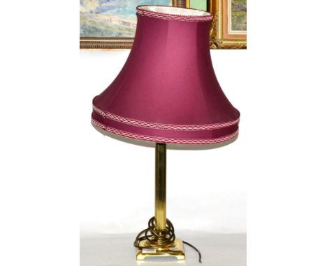 Brass column table lamp and shade 