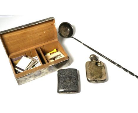 Small group of silver comprising cigarette box, cigarette case, hip flask and toddy ladle (all a.f.)