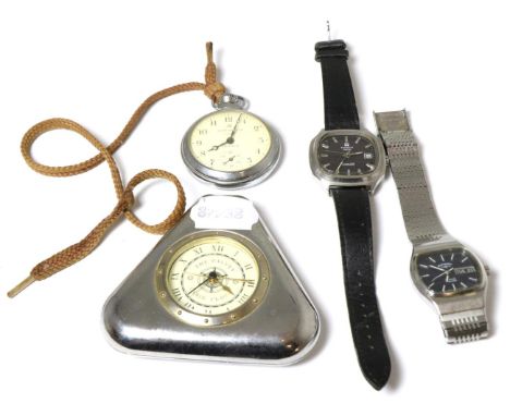 A stainless steel gents Tissot automatic wristwatch, Rotary wristwatch, a pocket watch and a desk timepiece 
