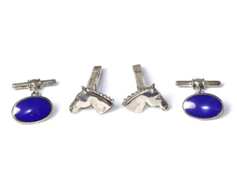 A pair of silver horses head cufflinks together with a pair of oval blue enamel and silver cufflinks (2)13.67g gross