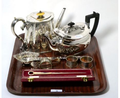 A silver teapot, James Dixon & Sons; together with assorted silver napkin rings; a meat skewer form paper knife; basket; tong
