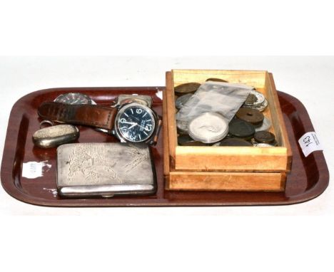 A Japanese cigarette case stamped 950: a silver double sovereign case, a collection of assorted tokens and commemorative meda