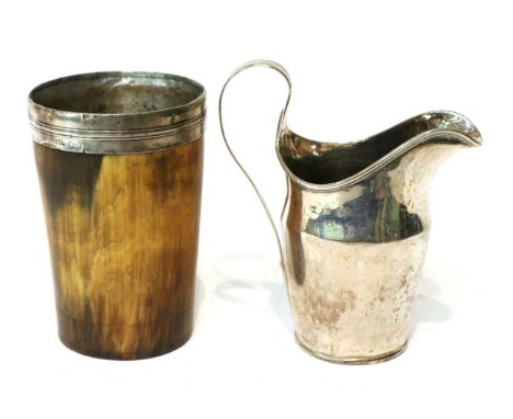 George III silver mounted horn beaker, I R & Co, Sheffield 1812; and a Provincial silver cream jug, Newcastle, circa 1800 (2)