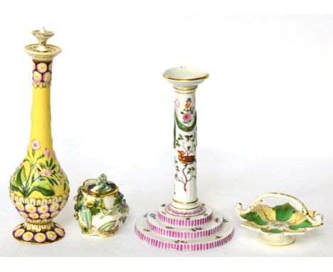 A 19th century Berlin porcelain candlestick, 19th century Paris porcelain scent bottle and stopper, painted miniature basket 