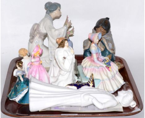 A Lladro figure of a Geisha; another of a crouching child; a Royal Crown Derby paperweight of a bird (gold coloured stopper);