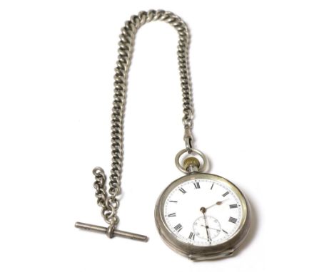 Silver pocket watch with T bar chain 