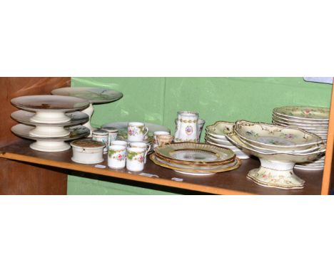 Shelf of 19th century and later ceramics, including Copeland Garrett Felspar porcelain dessert service, Davenport cabinet pla