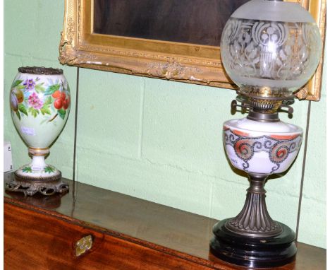 Victorian oil lamp with painted opaque glass reservoir, together with a fruit painted porcelain oil lamp base (a.f.) (2) 