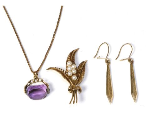 A 9 carat gold amethyst swivel fob on chain, a 9 carat gold pearl spray brooch and a pair of earrings (3) Swivel fob - gross 