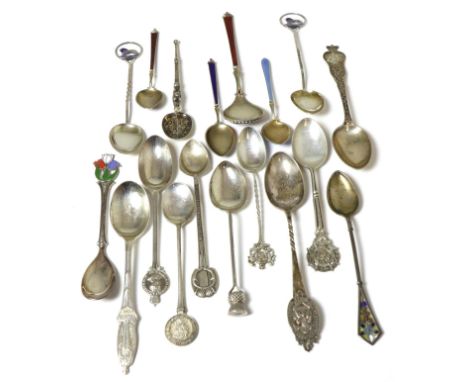 A group of assorted silver commemorative and other spoons, including a pair of Charles Horner Wembley 1924 silver and enamel 