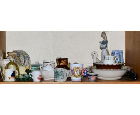 Shelf of various ceramics including Nao, Chintz wares, Scottish pottery, jade carving of a bear on glass base, Victorian marb