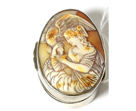 A silver snuff box with shell cameo cover decorated with Hebe feeding an eagle 