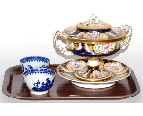 A 19th century Coalport twin handled tureen and cover on stand, together with a pair of first Period Worcester blue and white