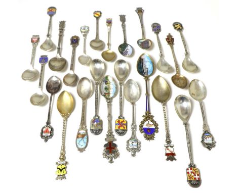 A quantity of Continental silver and white metal souvenir spoons, mostly European cities, the majority with enamel decoration