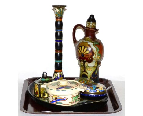 Tray of Gouda ware including candlestick, tray etc 