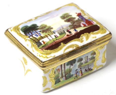 A French enamel patch box, 18th century, landscape decoration, gilt embellished, original mirror to inside lid, inscribed 'Me