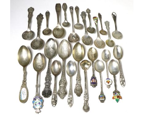 A large quantity of American and Canadian silver souvenir spoons, including enamel examples (qty)12ozt