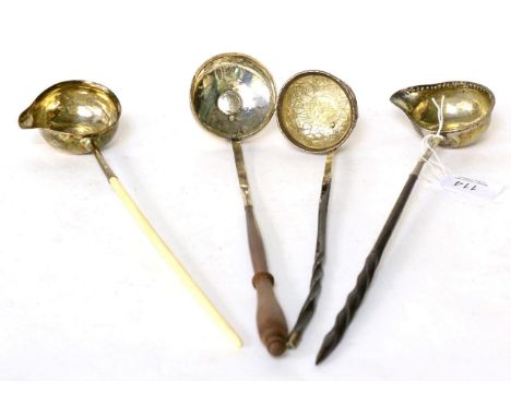 A George III silver ladle, TS, London 1775, with coin centre and bone handle; together with three other similar part or unmar