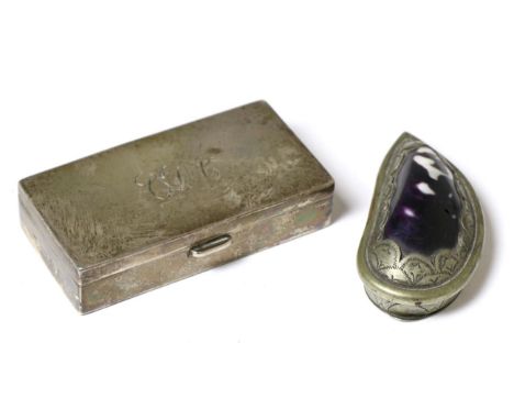 Silver snuff box with silver gilt interior and match striking side, together with a silver plate mounted shell snuff box (2)