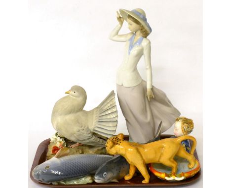 Small group of 20th century ceramics comprising Royal Crown Derby bisque pigeon, two Royal Copenhagen fish models (one a.f.),