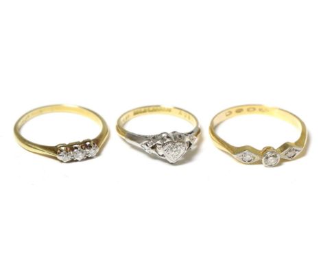 Three diamond set rings Finger size K, Q, N, 6.91g gross. 