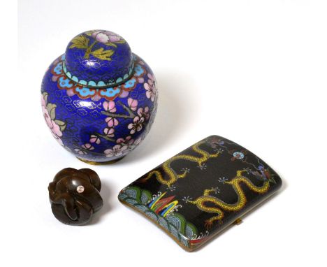 A 20th century Chinese carved wooden netsuke in the form of a knotted snake, signed together with two pieces of cloisonne (3)