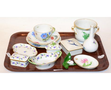 A group of Herend porcelain including a breakfast trio, a cache pot, bottle vase, three dishes, two boxes and covers, a model