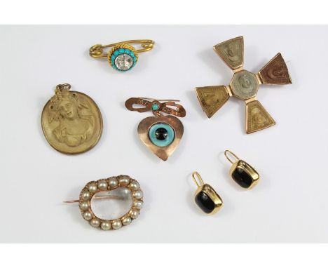 Continental Antique Jewellery. This lot includes a yellow metal turquoise and white stone brooch approx 28 mm, a pearl and pi