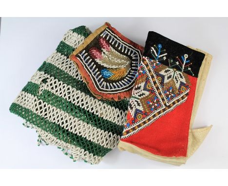 Antique Native American Leather and Beadwork. This lot includes a purse, a leather and a glass beaded linen panel together wi