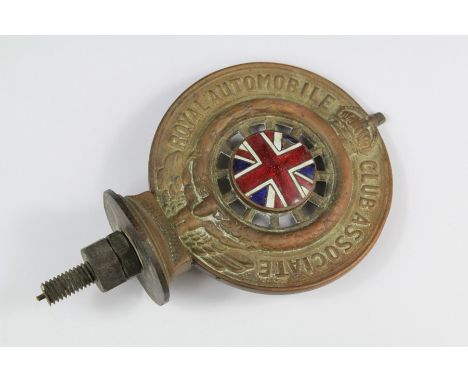 Vintage Royal Automobile Brass and Enamel Car Mascot. The mascot with an enamel Union Jack to the center, approx 16 x 9.5 cms