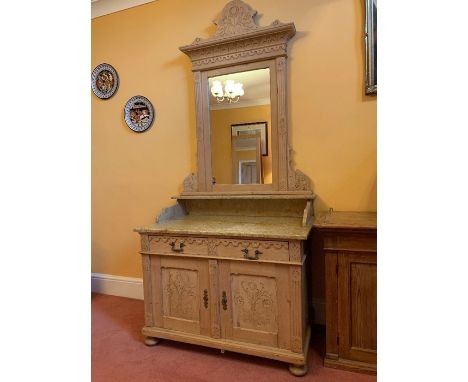 Antique Dutch Pine Marble-Topped Washstand. The stand with matching over-mirror. The washstand has two short drawers and two 