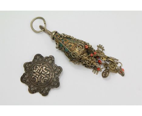 A North African (Berber) White Metal and Enamel Pendant. This lot includes a small Tibetan silver button, approx 6.5 x 6.5 cm