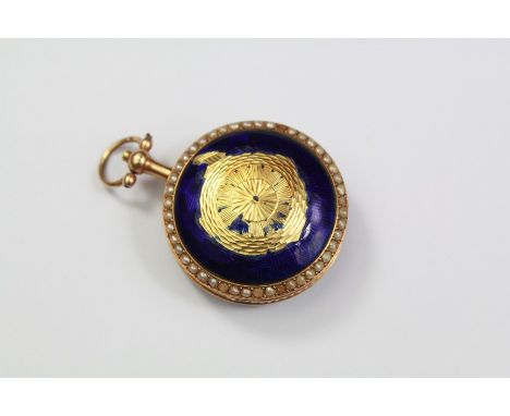 Antique Continental 18ct Yellow Gold Guilloche Enamel and Seed Pearl Watch Pendant. The pendant having a fusee movement, whit