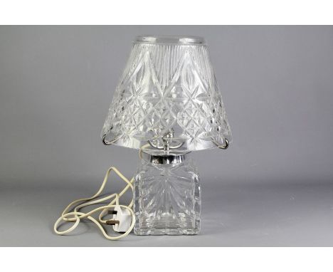 A Webb Corbett Cut-glass Lamp and Shade. The stand has three sockets, the shade measures top dia approx 14 cms, base approx 2