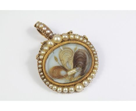 Antique 14ct Yellow Gold Pearl Mourning Brooch. The brooch having graduated pearl surround with intricate hair portrait, hing