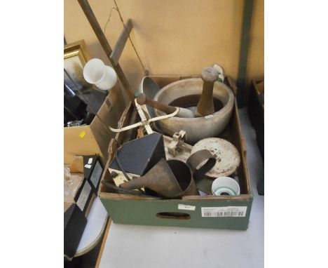 box of vintage kitchenalia inc scales and pestle and mortar