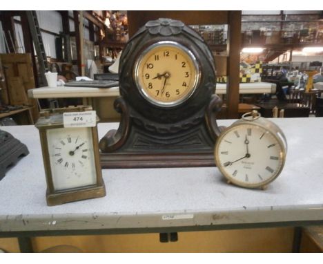 wooden mantel clock, carriage clock and 1 other