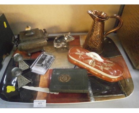 tray inc letter opener candle sticks, money box and trinket pot