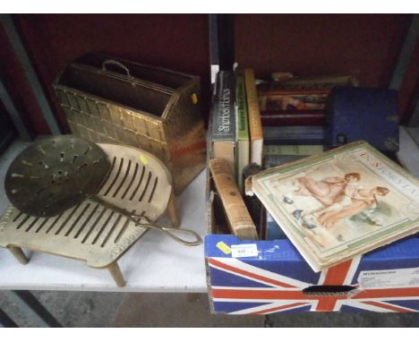 brass items inc magazine rack and a box inc vintage books