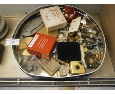 tin of collectables inc stratton compact, pen knife, jewellery and coins etc
