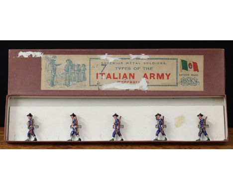 BMC Series (Britannia Model Co) Italian Army (Bersaglieri), comprising of five lead figures, each marching at the trail with 