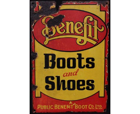 Advertising, Public Benefit Boot Co. Ltd. - a rectangular shaped single sided enamel advertising sign, "BENEFIT, BOOTS AND SH