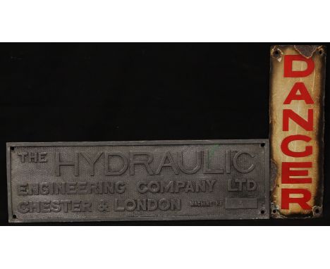 Industrial Salvage - a rectangular shaped concave enamel telegraph pole warning sign, "DANGER", red lettering on a white back